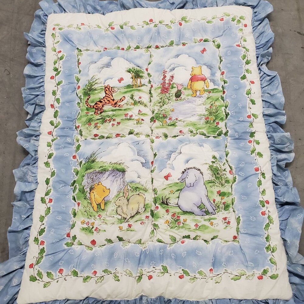 Disney Winnie The Pooh Baby Quilt Crib Blanket 1996 Polyester Cotton Blue White